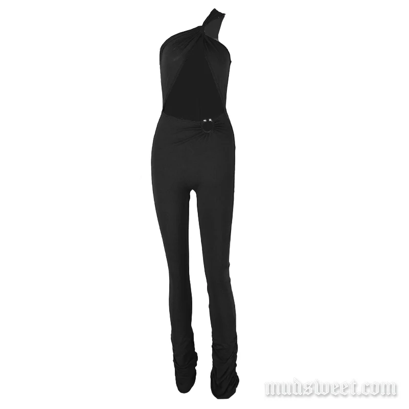 Goth one shoulder irregular hollow out jumpsuit