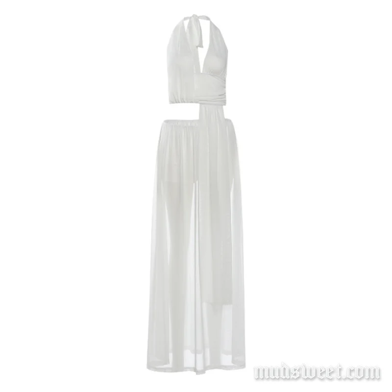Goth self tie halter ruched mesh maxi skirt set