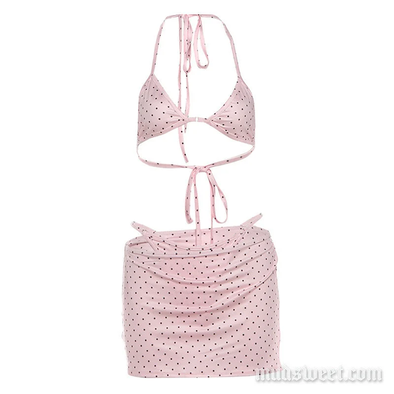 Fairycore polka dot self tie halter mini skirt set