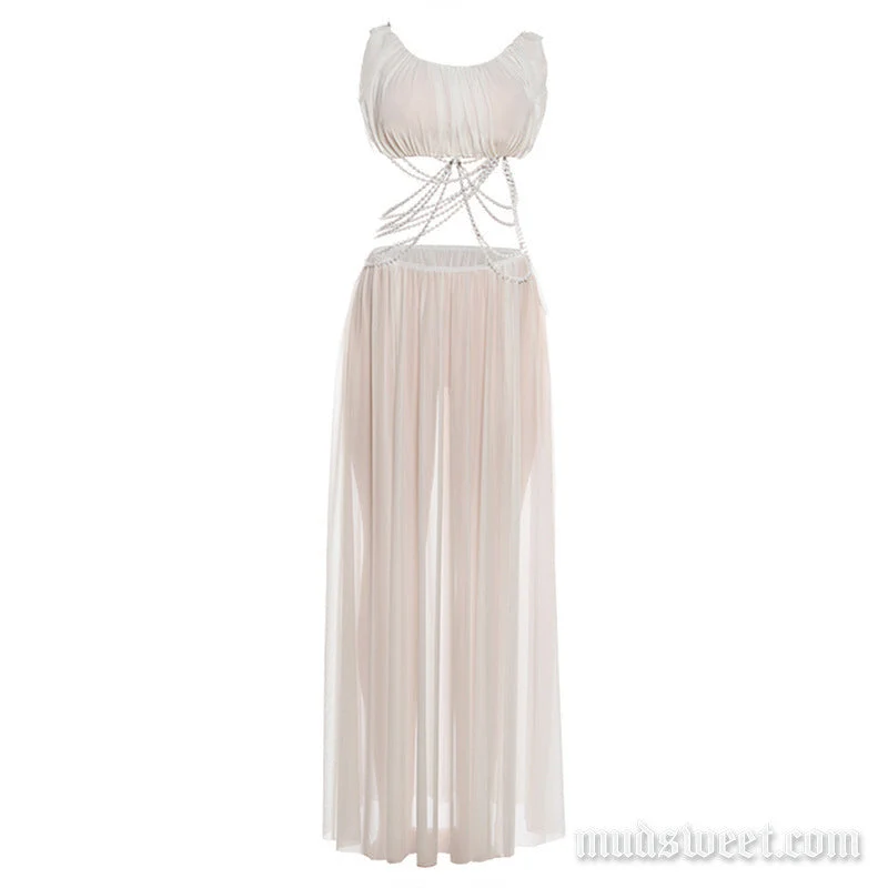 Maxi rok met ronde hals en kralen en mesh, geplooide details.