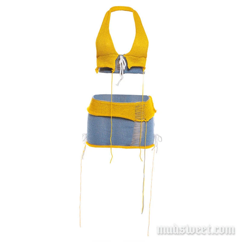 Grunge halter V-hals gebreide minirok set