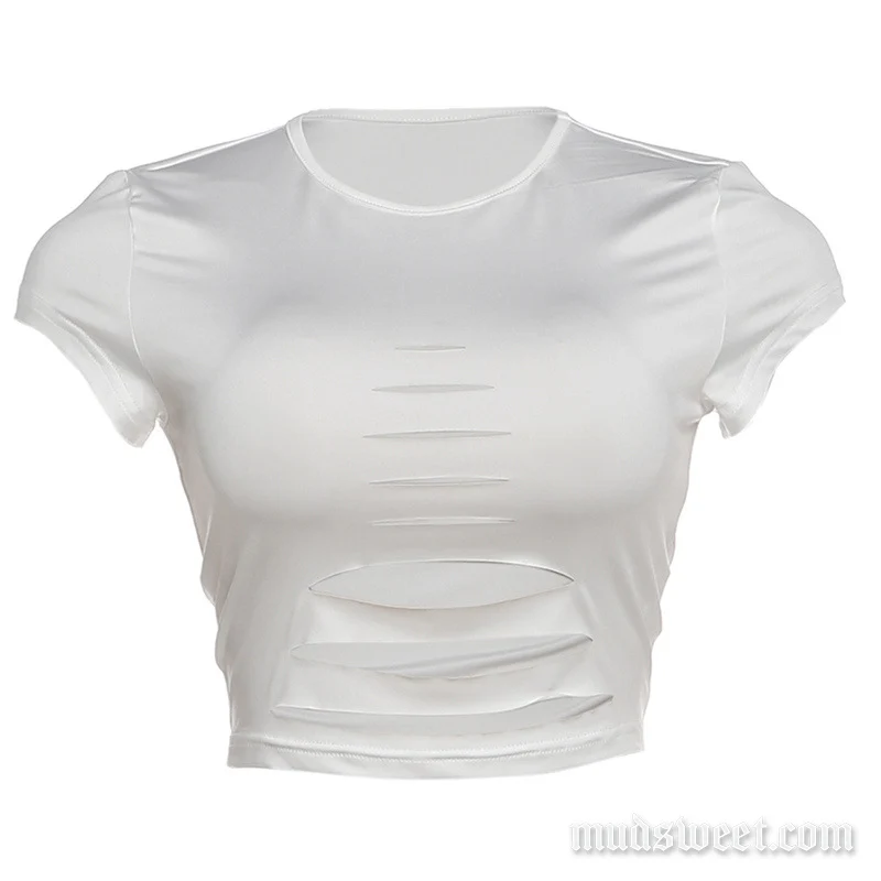 Crop top met ronde hals en open mouwen, effen kleur