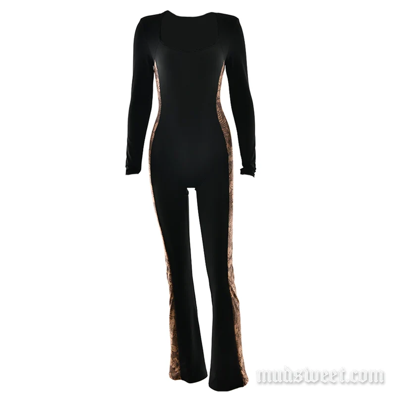 Goth long sleeve square neck mesh jumpsuit