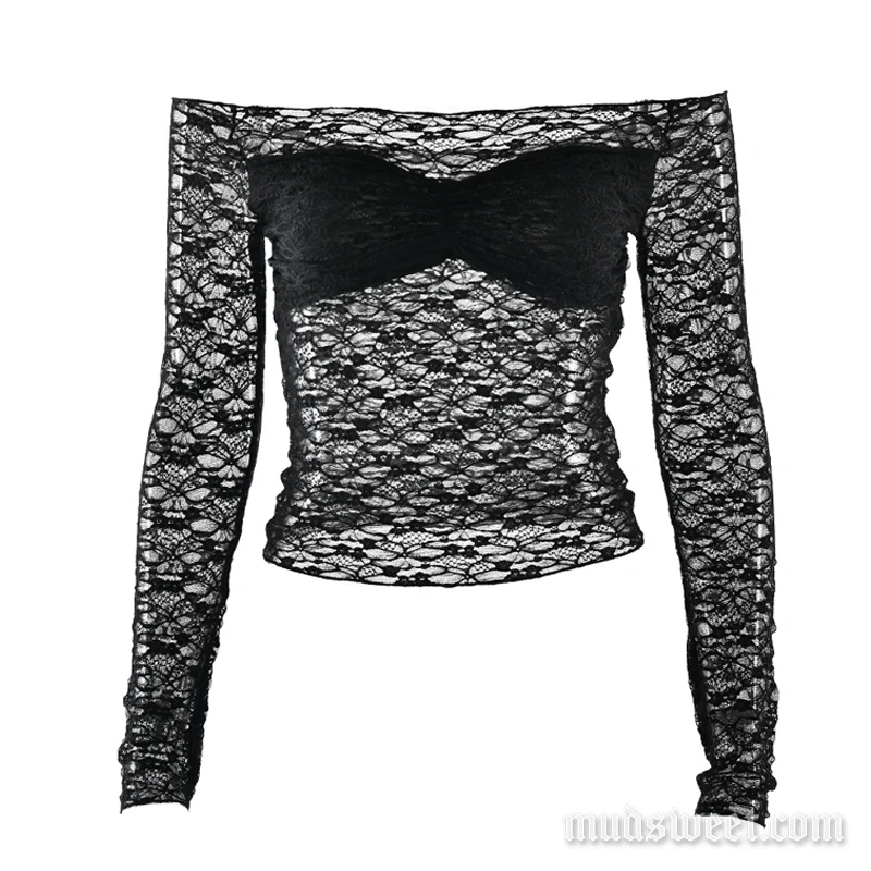 Off-shoulder top met lange mouwen en kant, effen kleur