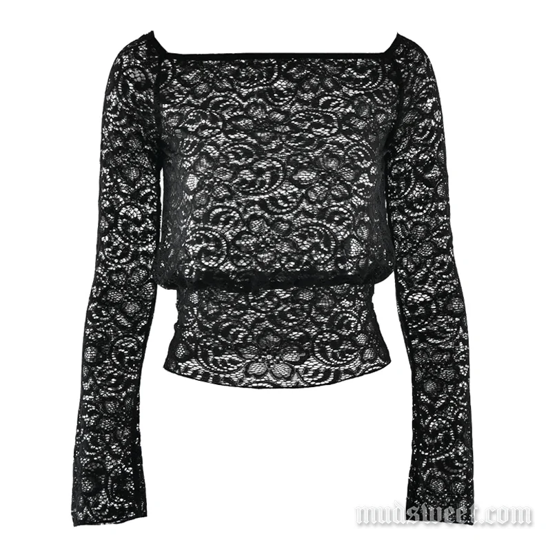 Fairycore long sleeve lace see through top