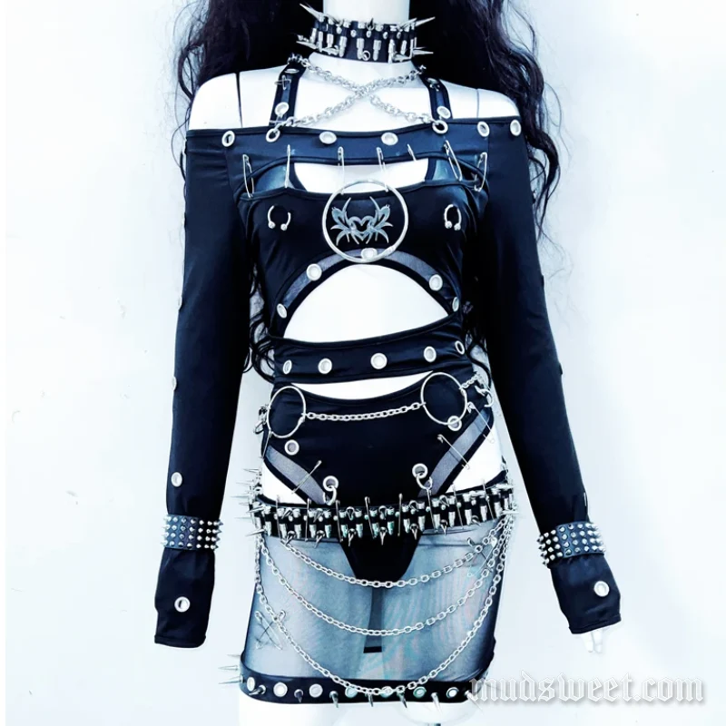Goth metal chain o ring mesh mini skirt set
