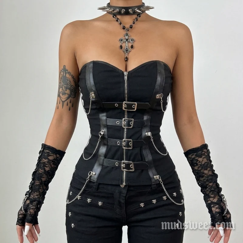Hartvormige halsgesp, metalen ketting, top met ritssluiting