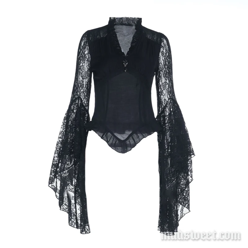 Fairycore long flared sleeve lace top