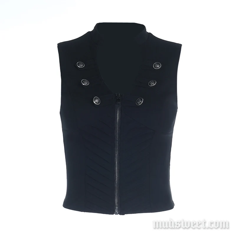 Grunge mouwloze top met knoopsluiting en ritssluiting, V-hals