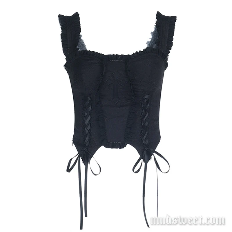 Fairycore lace up ruffle backless tank top