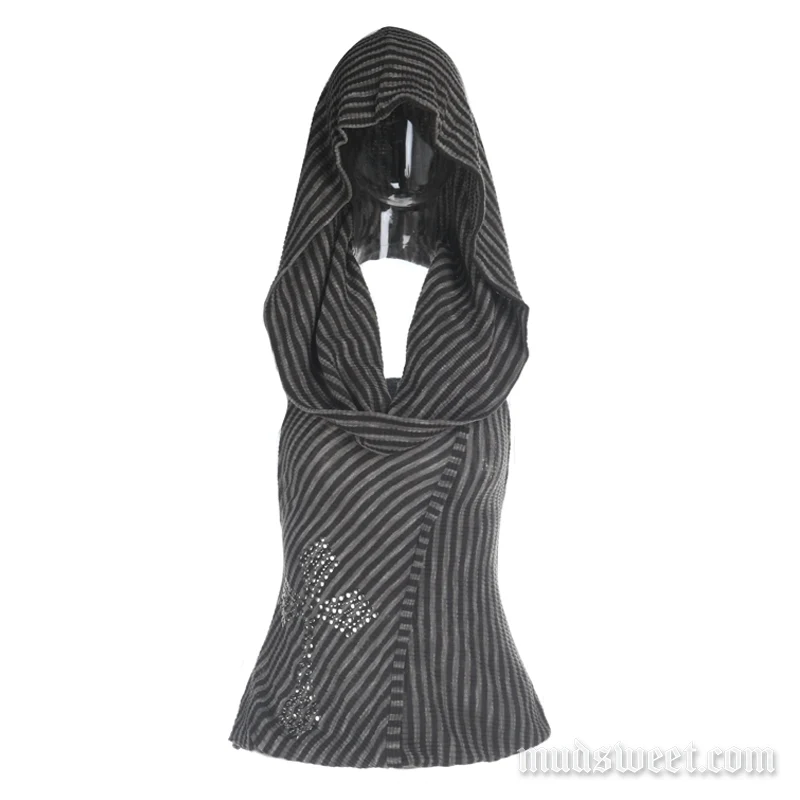 Goth hoodie cowl neck striped print top
