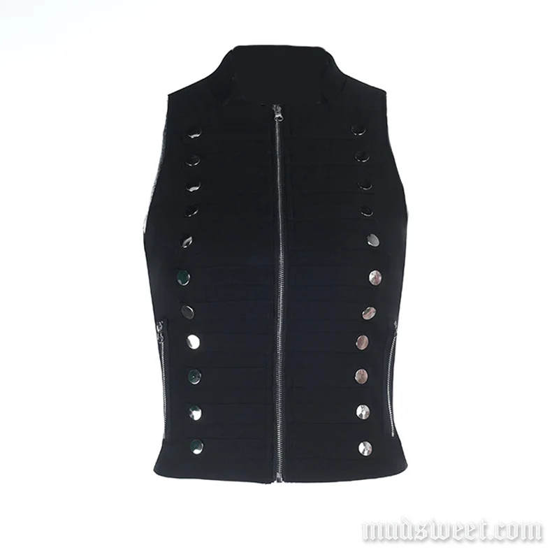 Grunge zip-up button applique sleeveless top
