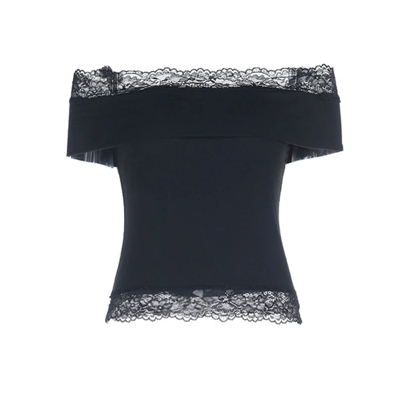 Fairycore off-shoulder top met kanten zoom en open rug