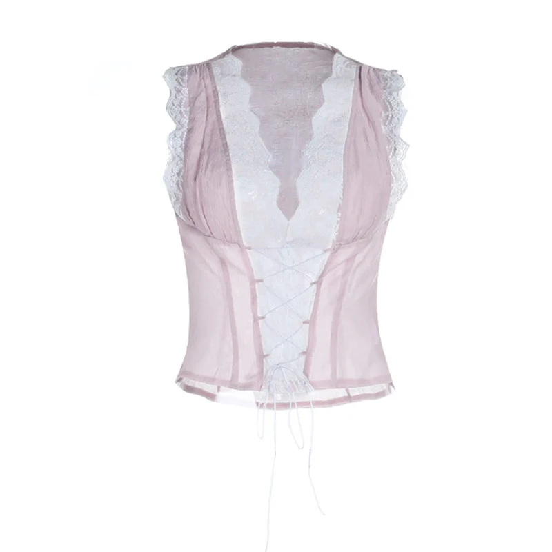 Fairycore mouwloze top met kanten zoom en V-hals