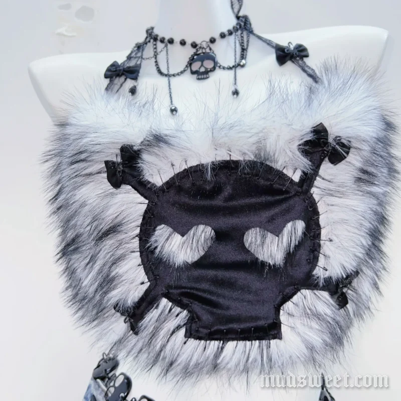 Fairycore fluffy bowknot skull pattern top