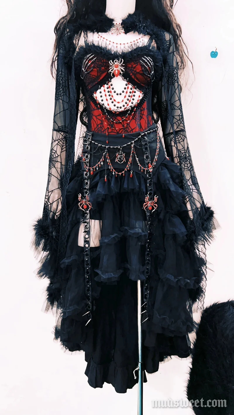 Goth beaded spider applique midi skirt set