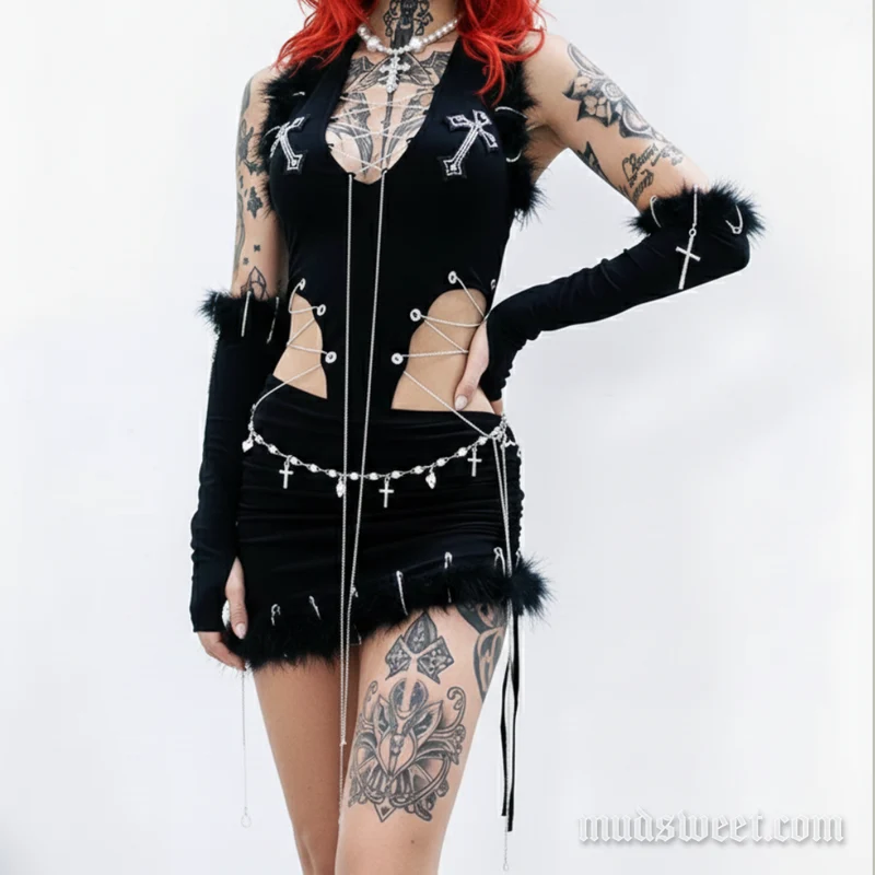 Gotische metalen ketting V-hals minirok set