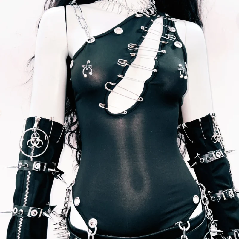 Goth irregular hollow out metal chain bodysuit