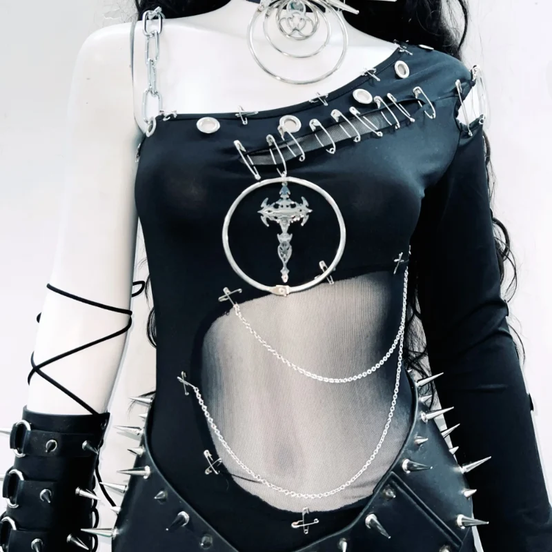 Goth irregular o ring metal chain bodysuit