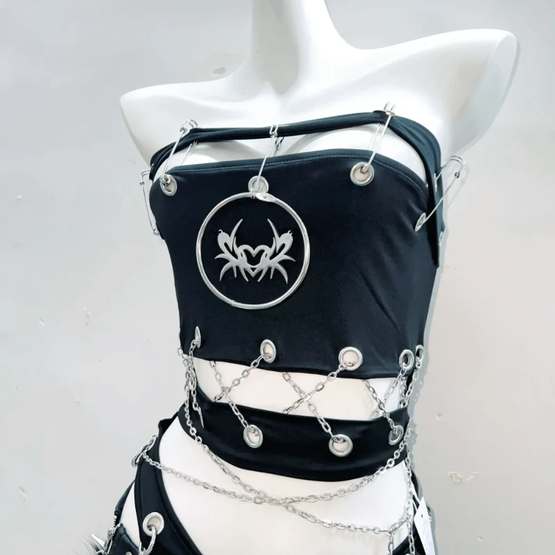 Goth hollow out metal chain bodysuit