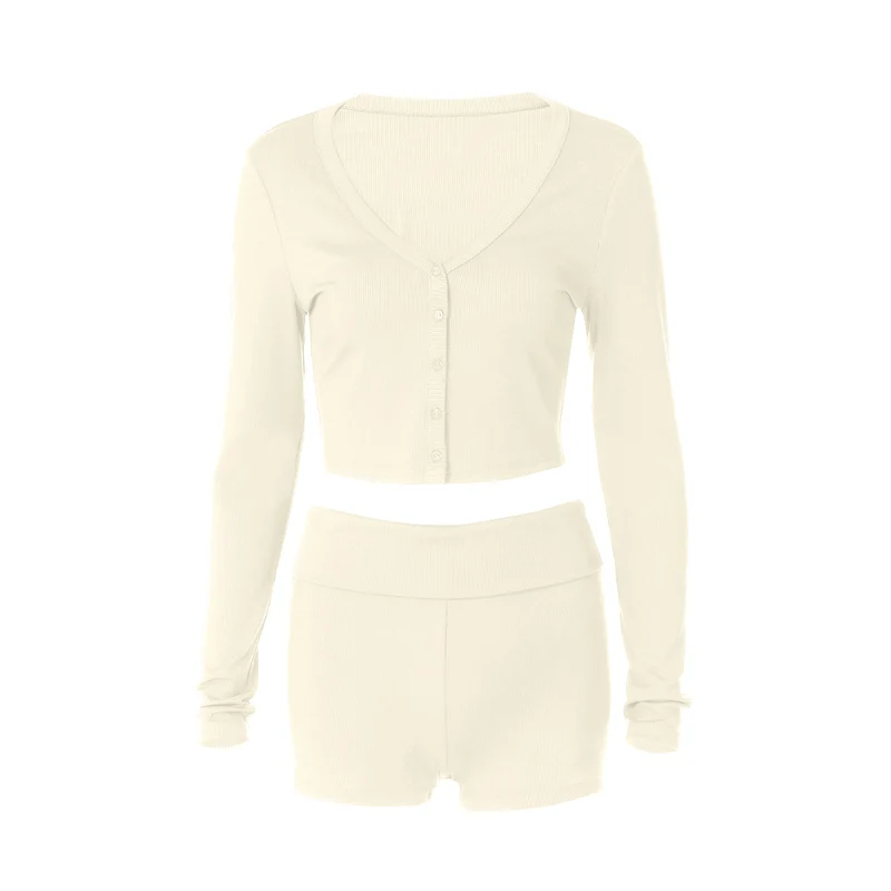 Y2K geribbelde broek met knoopsluiting en V-hals