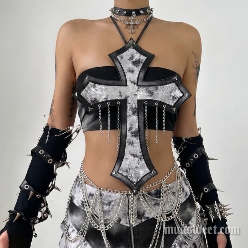 Goth metal chain rivet halter top