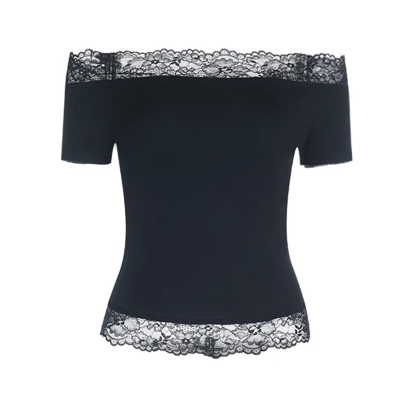 Off-shoulder top met korte mouwen en kanten zoom, effen kleur