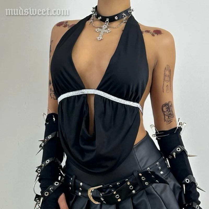 Goth hollow out self tie halter backless top