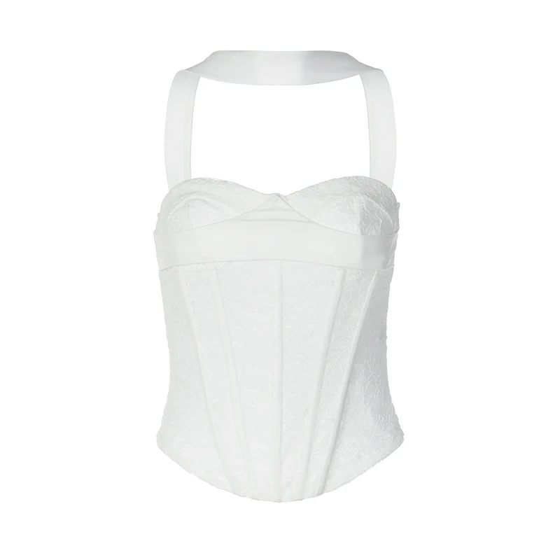 Haltertop met kanten korset, ritssluiting en open rug, effen kleur.