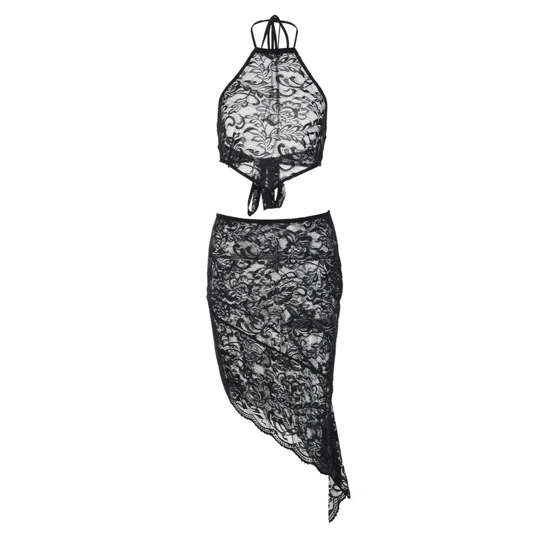 Fairycore lace see through halter midi skirt set