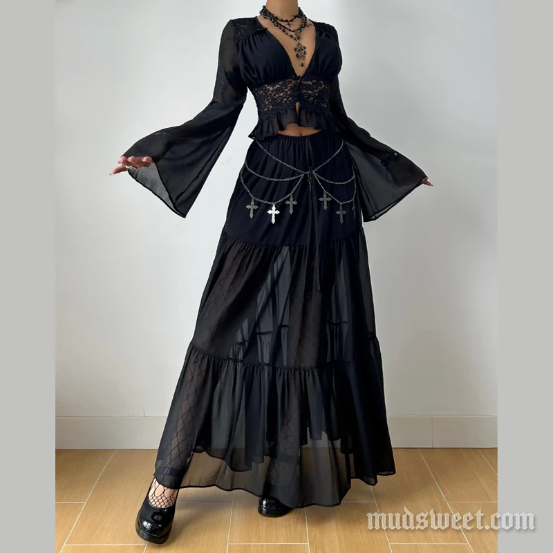 Fairycore long sleeve button chiffon lace maxi skirt set