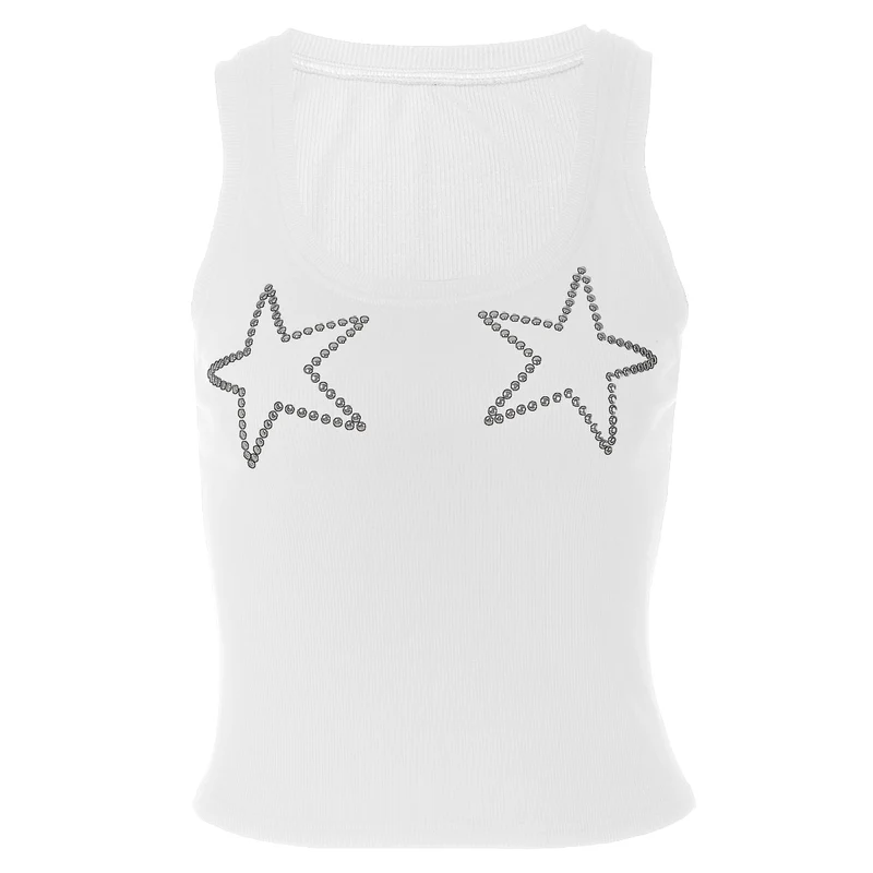 Mouwloze tanktop met ribbels en U-hals, versierd met kralen.