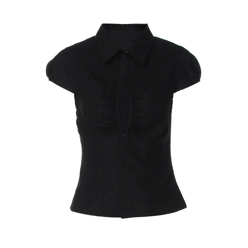 Grunge top met omgeslagen kraag, korte mouwen en plooien