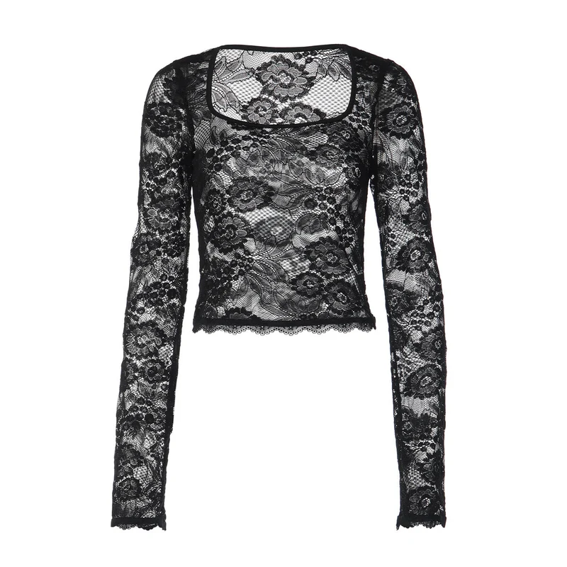 Fairycore lace square neck see through top