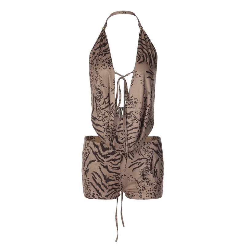 Goth halter self tie tiger print pant set