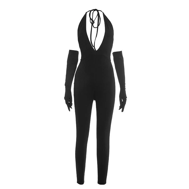 Grunge halter jumpsuit met diepe V-hals en open rug