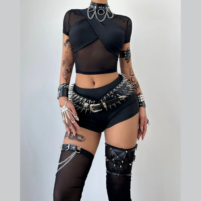Goth broekset met korte mouwen, mesh en plooien