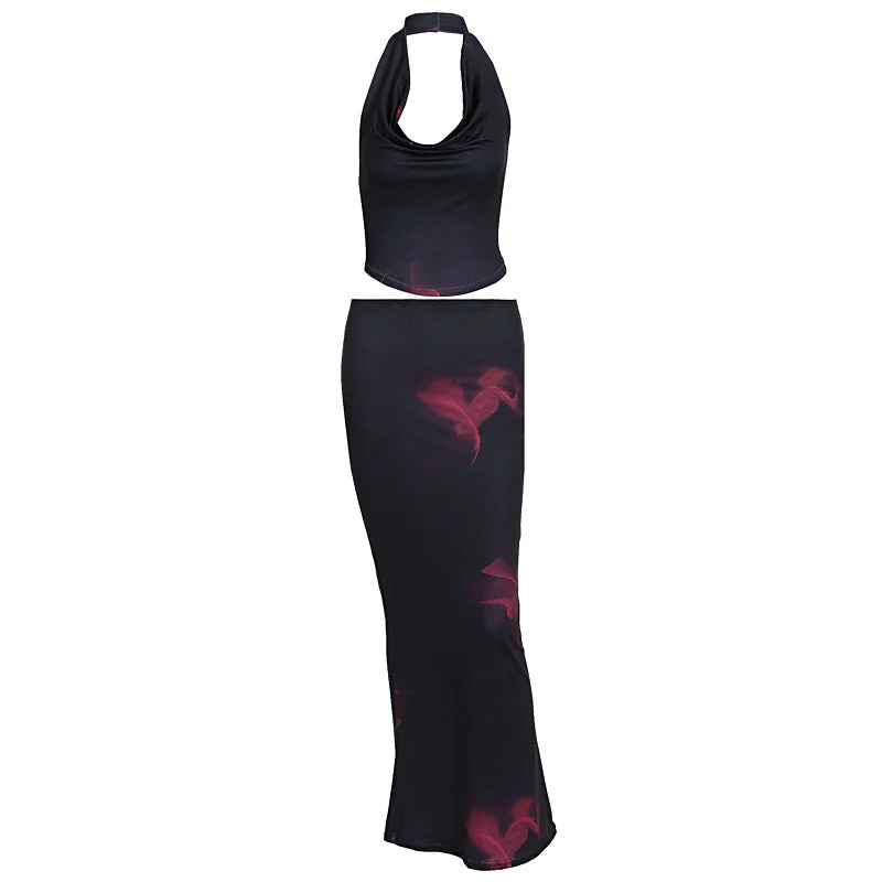 Fairycore halter maxi rok set met watervalhals en print