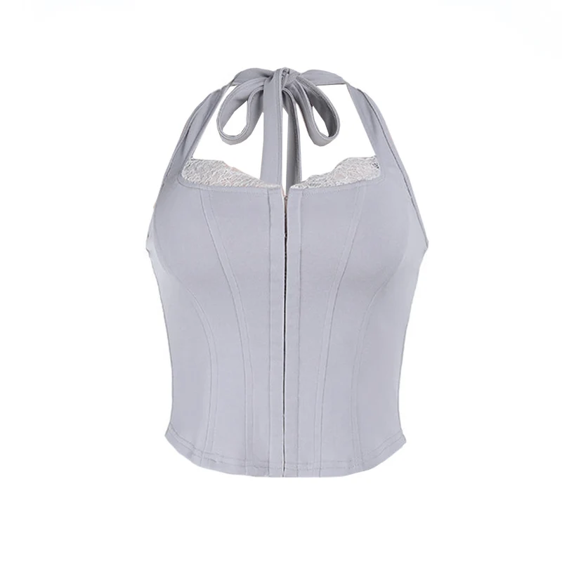 Fairycore lace hem halter corset backless top