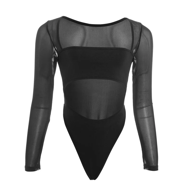 Mesh bodysuit met lange mouwen, knoopsluiting, vierkante hals en open details