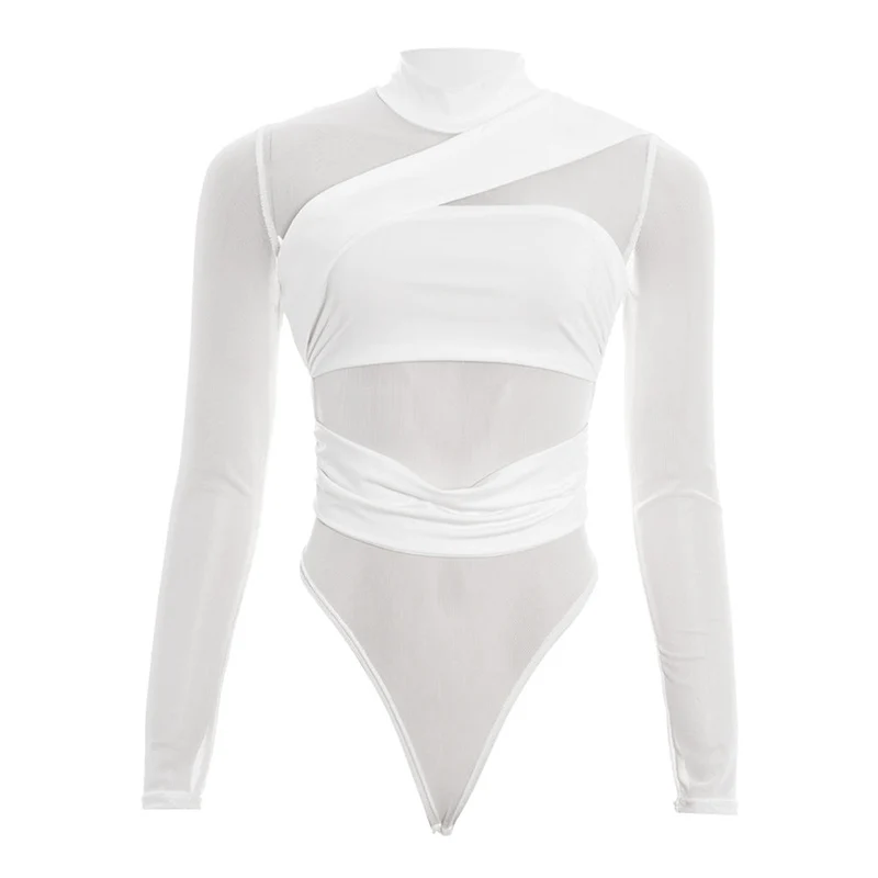 Bodysuit met lange mouwen, hoge hals en mesh-knoopjes