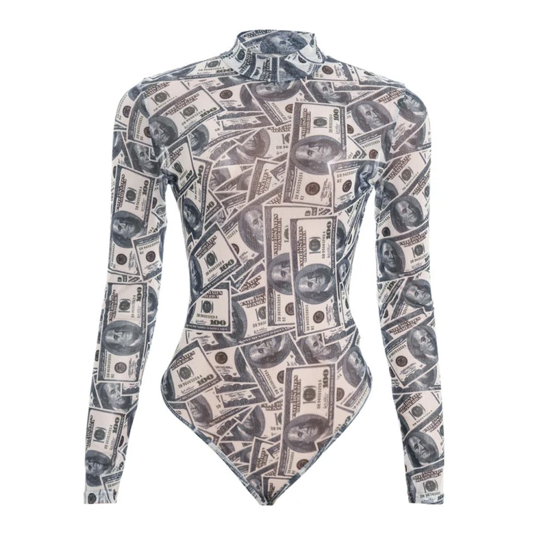 Doorzichtige mesh bodysuit met lange mouwen en print van de Amerikaanse dollar
