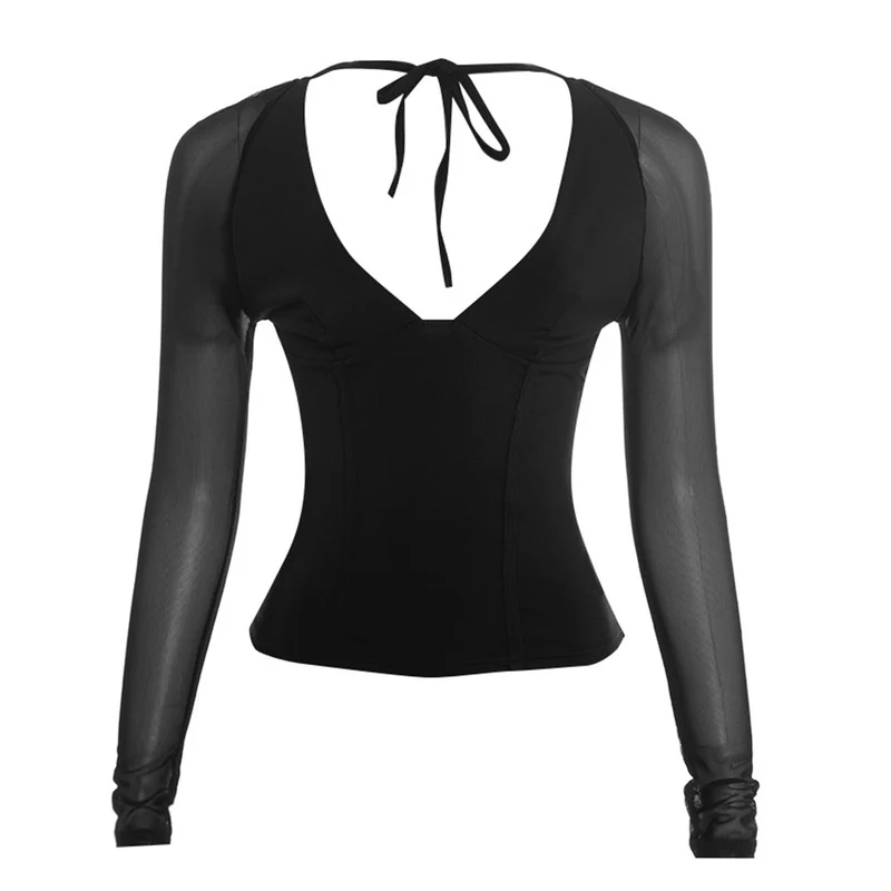 Gotische mesh top met V-hals en strikceintuur