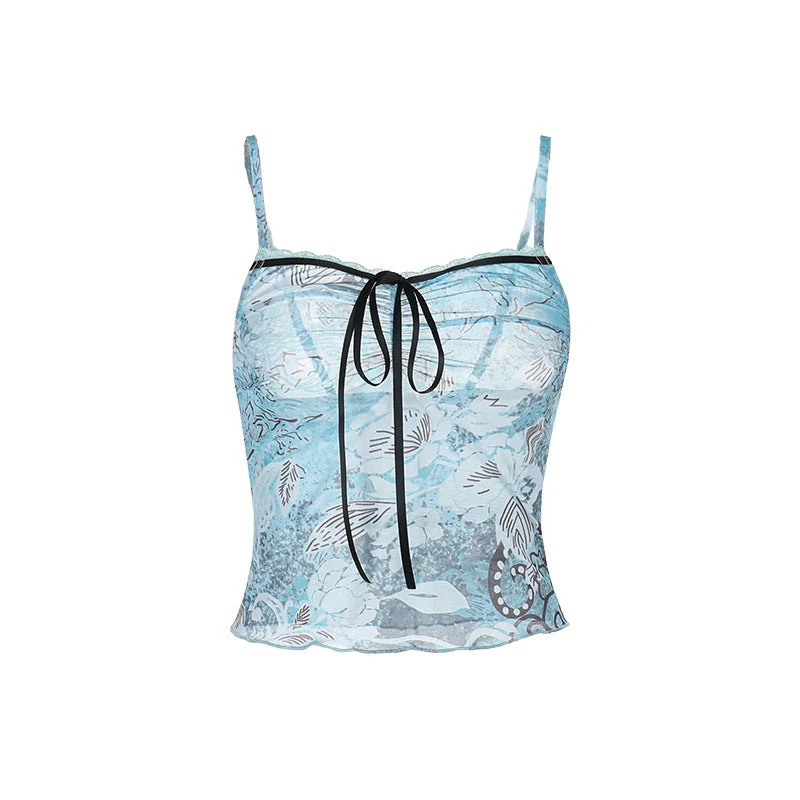 Fairycore lace hem mesh backless cami top