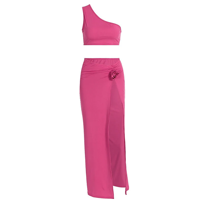 Fairycore midi rok set met bloemenapplicatie op één schouder