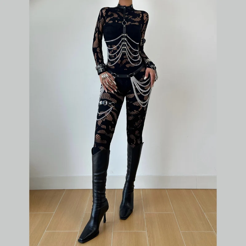 Jumpsuit met lange mouwen, opengewerkt, doorschijnend en effen