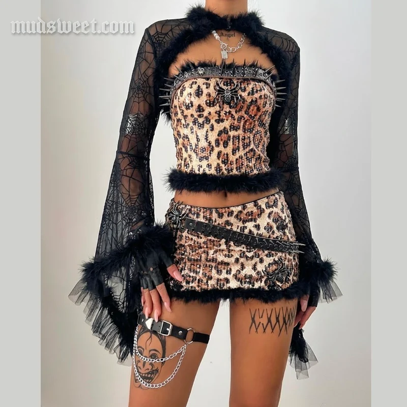 Gotische minirok met luipaardprint, glitter en spinnenprint