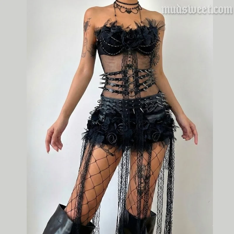 Fairycore beaded flower PU leather mini skirt set
