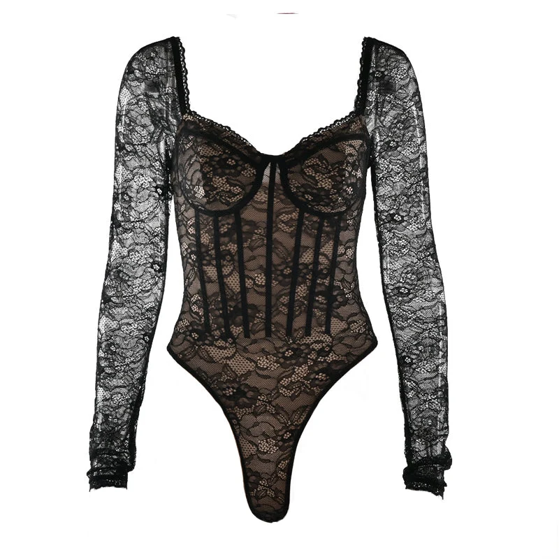 Bodysuit met lange mouwen, kanten V-hals en knoopjes