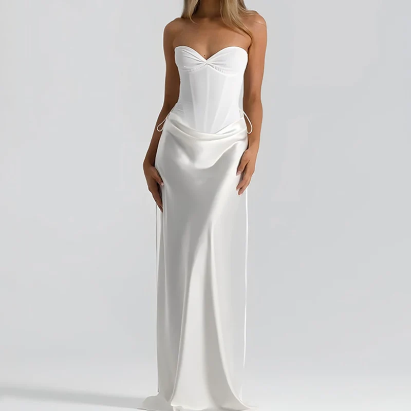 Fairycore sweetheart neck pleated satin maxi skirt set